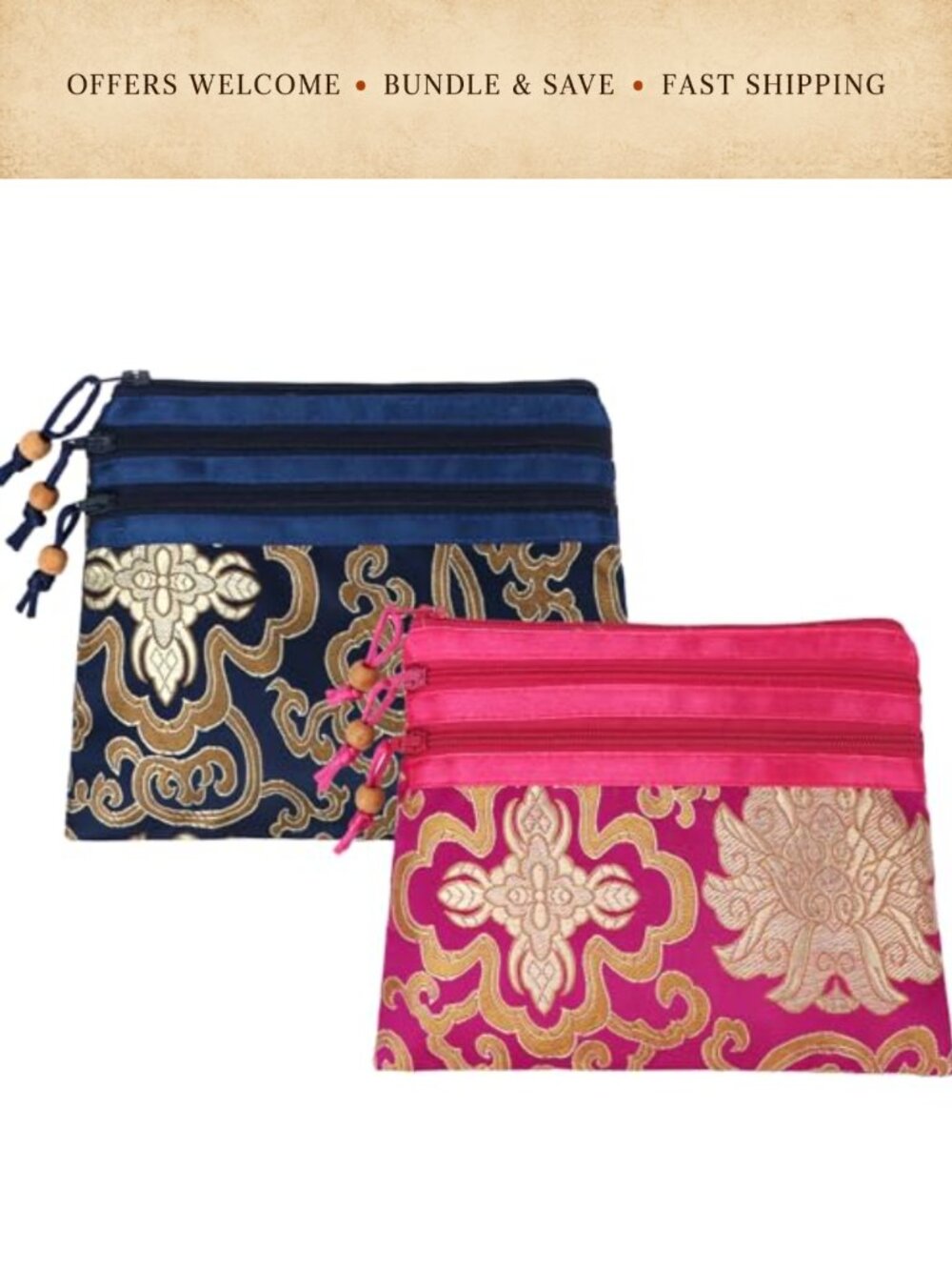 Chinese Silk Brocade Jewelry Pouch Set 3 Zipper Pockets Tassel Gift Bag